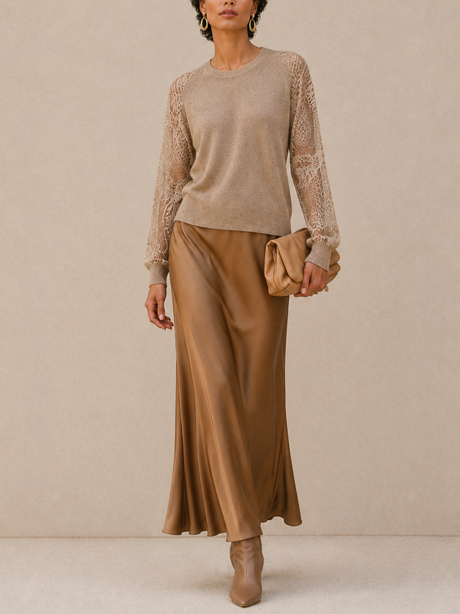 Women's Lace Panel Elegant Sweater And Satin Skirt Set MDZ0439I5GMJ