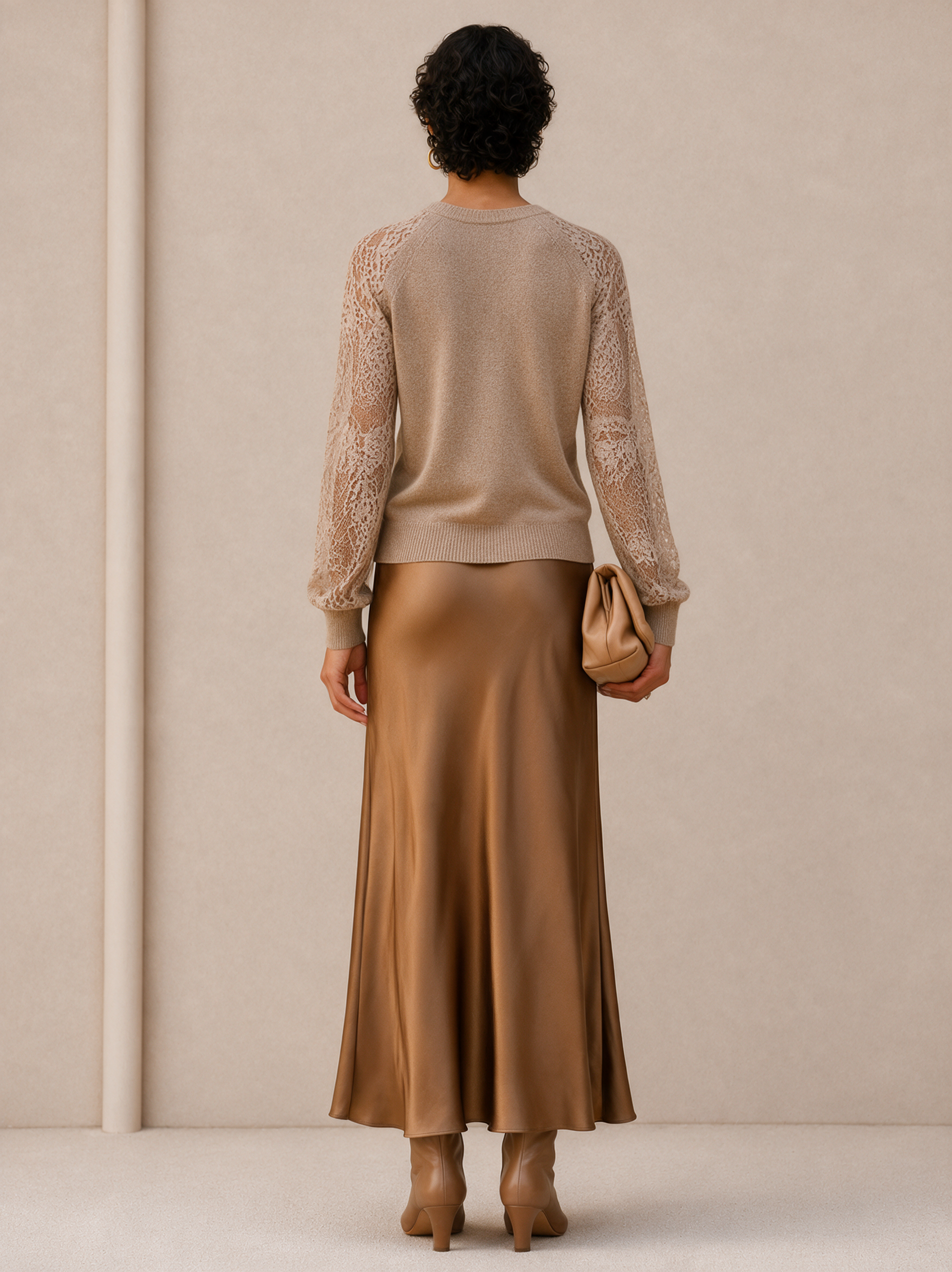Women's Lace Panel Elegant Sweater And Satin Skirt Set MDZ0439I5GMJ