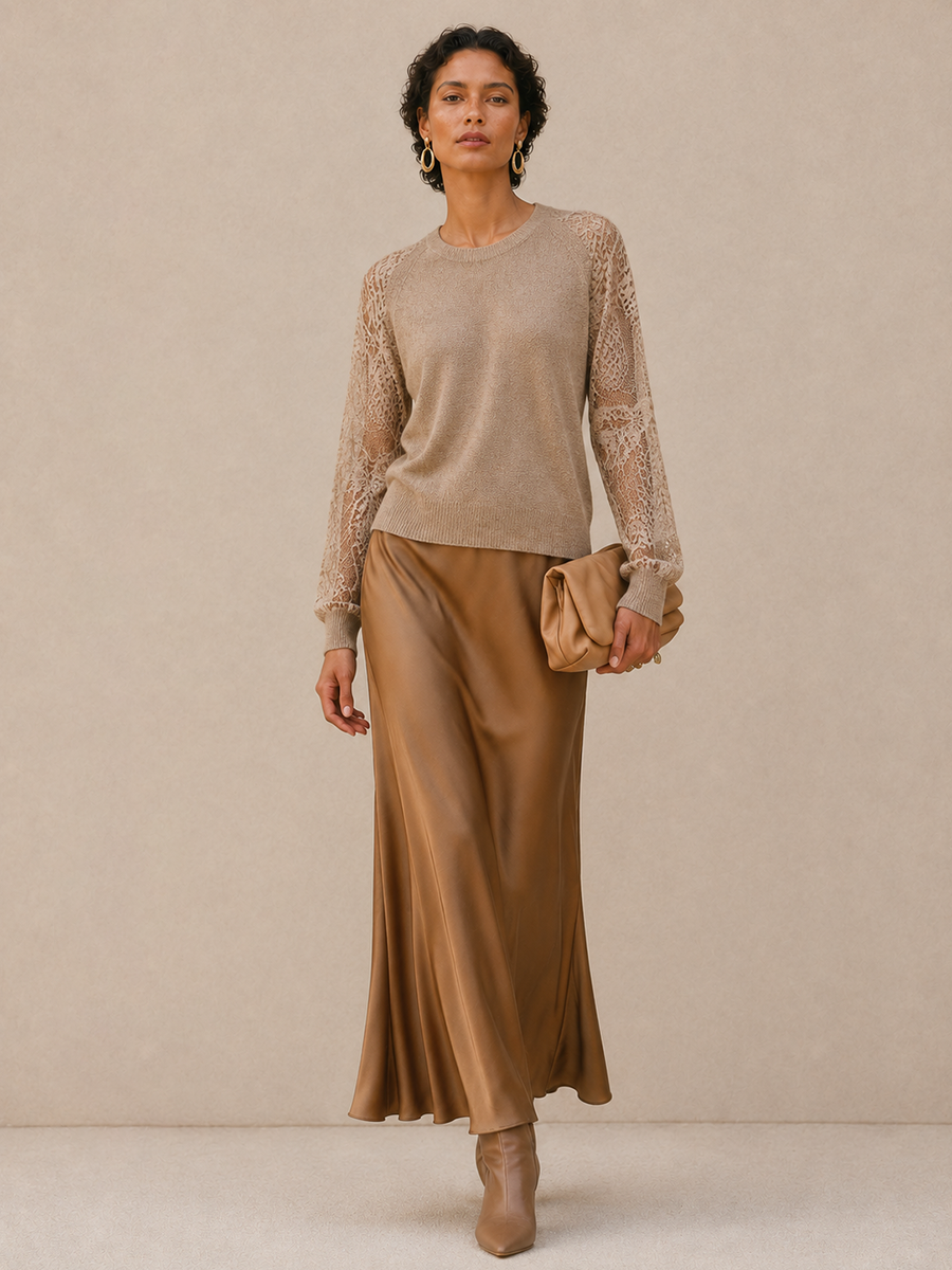 Women's Lace Panel Elegant Sweater And Satin Skirt Set MDZ0439I5GMJ