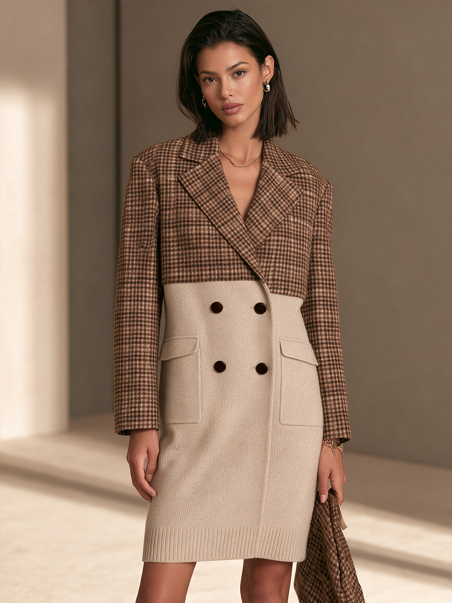 Women's Plaid Color-Block Double-Breasted Knit Blazer Mini Dress MDZ0457I2GMJ