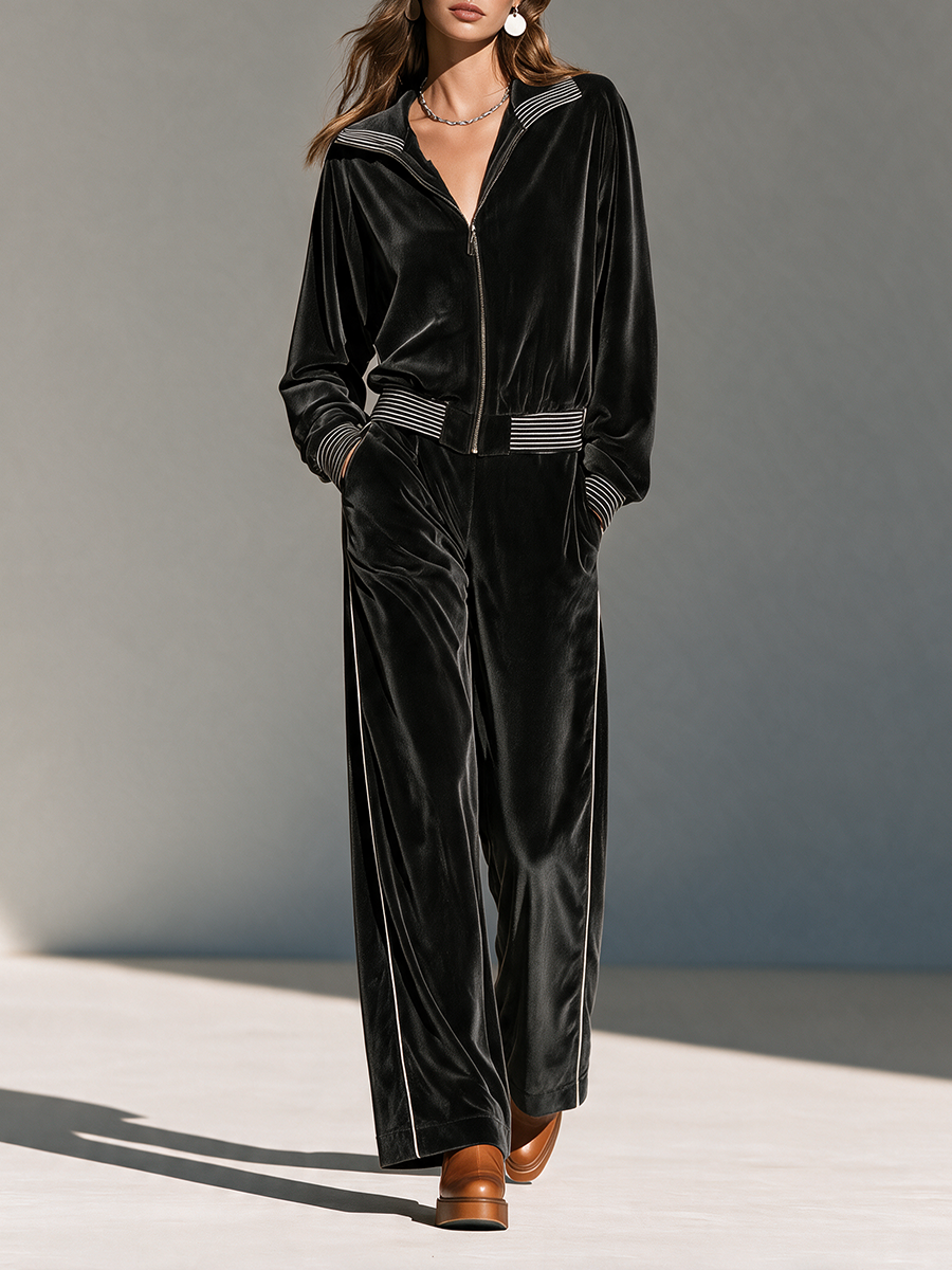Women's Collared Zip Contrast-Rib Long-Sleeve Jacket And Wide-Leg Pants Velvet Set MDZ0725I8CMX