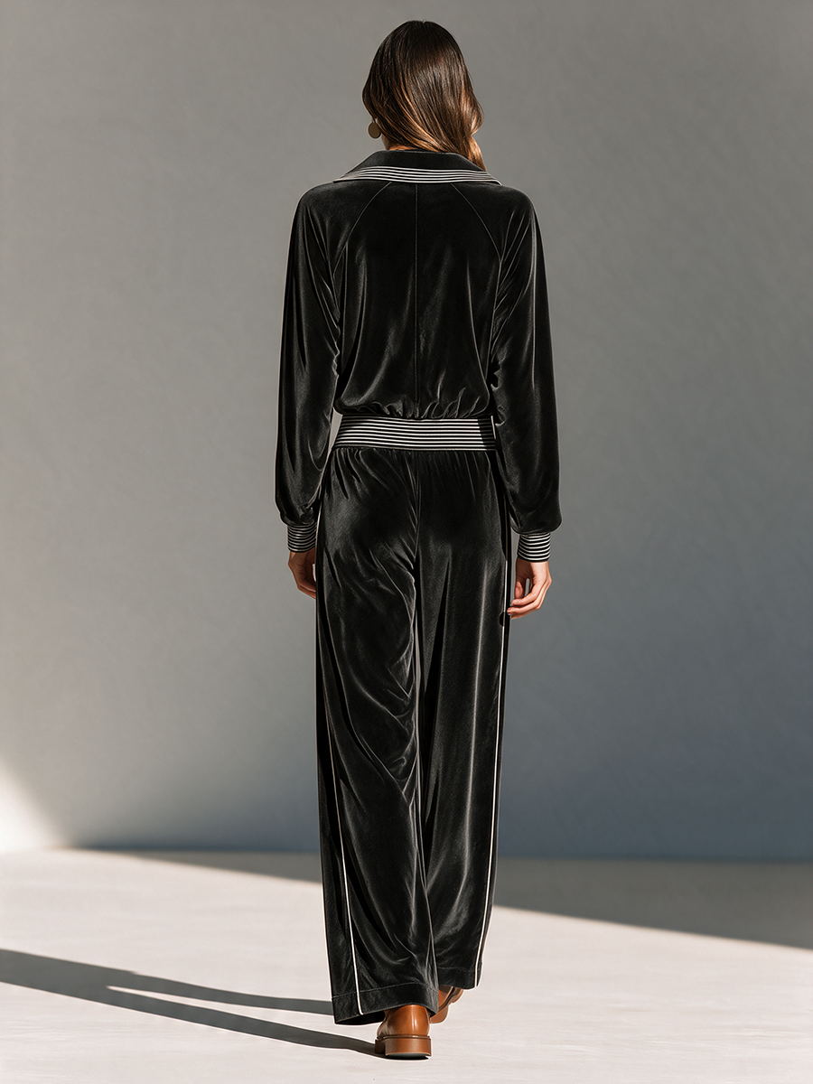 Women's Collared Zip Contrast-Rib Long-Sleeve Jacket And Wide-Leg Pants Velvet Set MDZ0725I8CMX