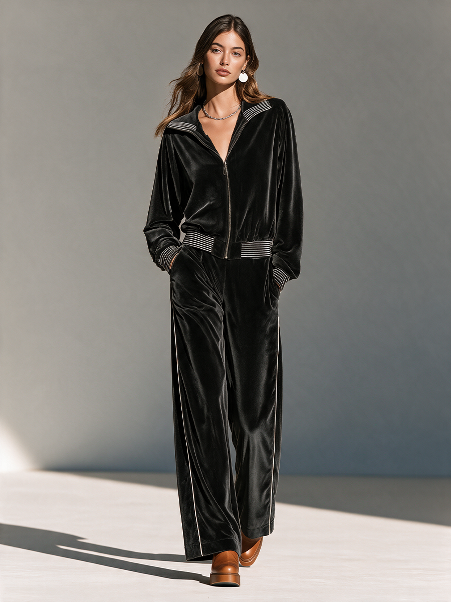 Women's Collared Zip Contrast-Rib Long-Sleeve Jacket And Wide-Leg Pants Velvet Set MDZ0725I8CMX
