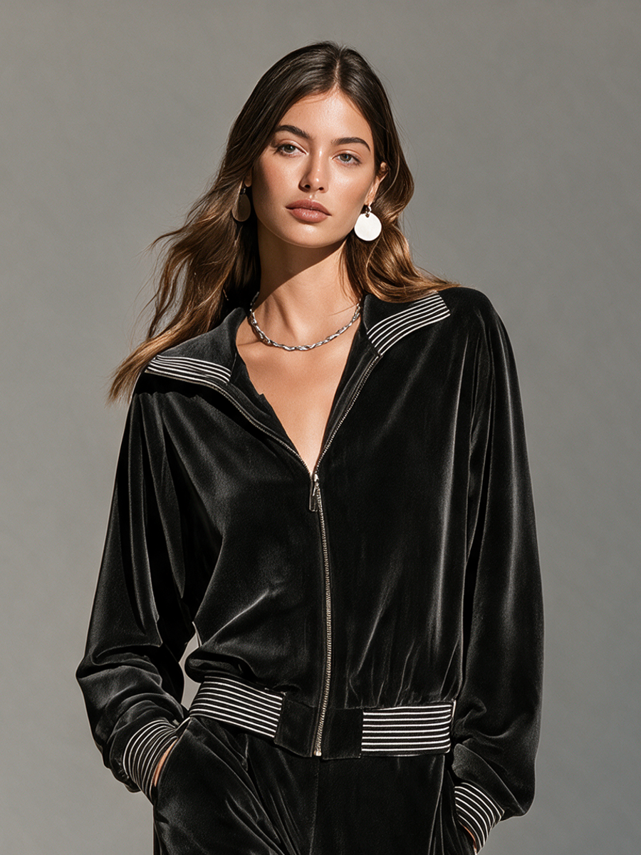 Women's Collared Zip Contrast-Rib Long-Sleeve Jacket And Wide-Leg Pants Velvet Set MDZ0725I8CMX