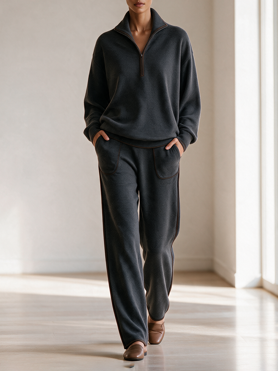 Women's Stand-Collar Half-Zip Contrast-Trim Drop-Shoulder Long-Sleeve Top And Wide-Leg Pants Set MDZ0700I9CMX