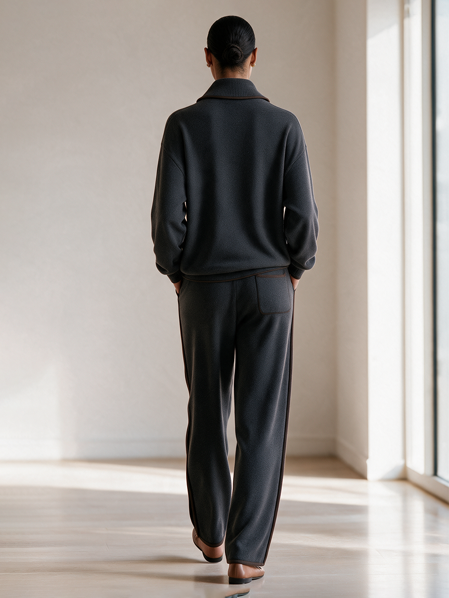 Women's Stand-Collar Half-Zip Contrast-Trim Drop-Shoulder Long-Sleeve Top And Wide-Leg Pants Set MDZ0700I9CMX