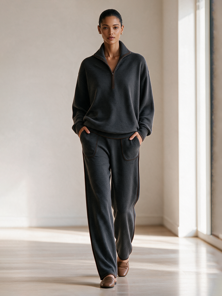Women's Stand-Collar Half-Zip Contrast-Trim Drop-Shoulder Long-Sleeve Top And Wide-Leg Pants Set MDZ0700I9CMX