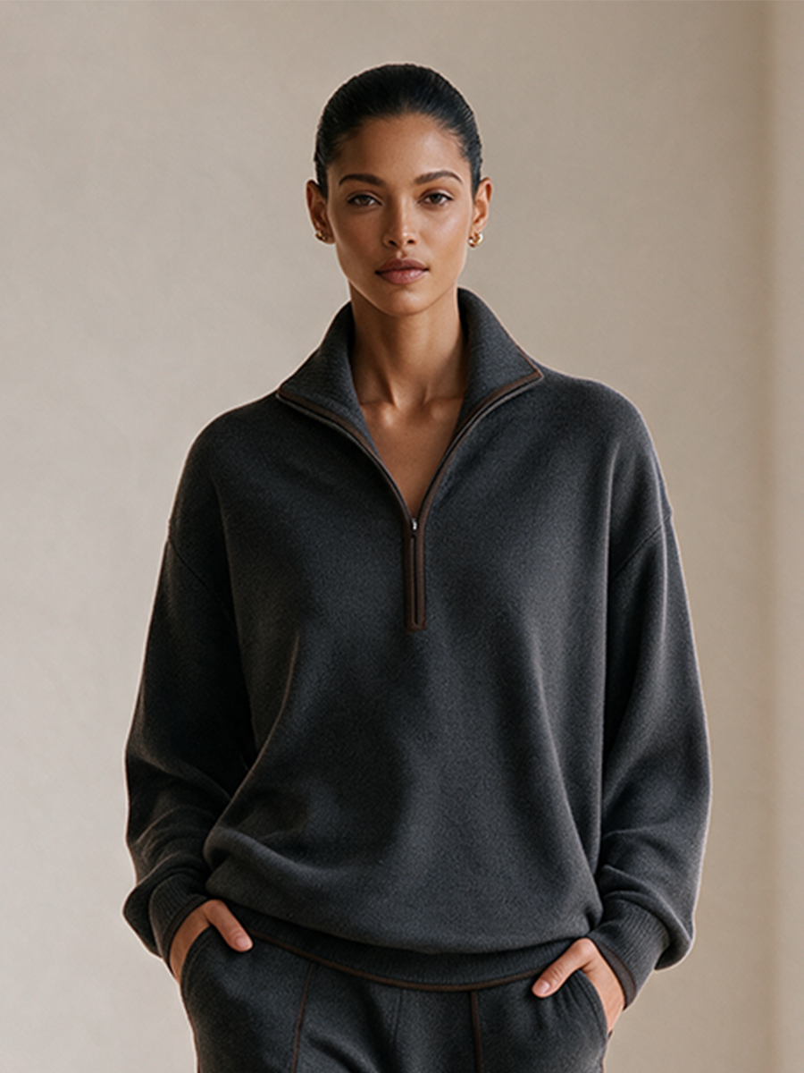 Women's Stand-Collar Half-Zip Contrast-Trim Drop-Shoulder Long-Sleeve Top And Wide-Leg Pants Set MDZ0700I9CMX