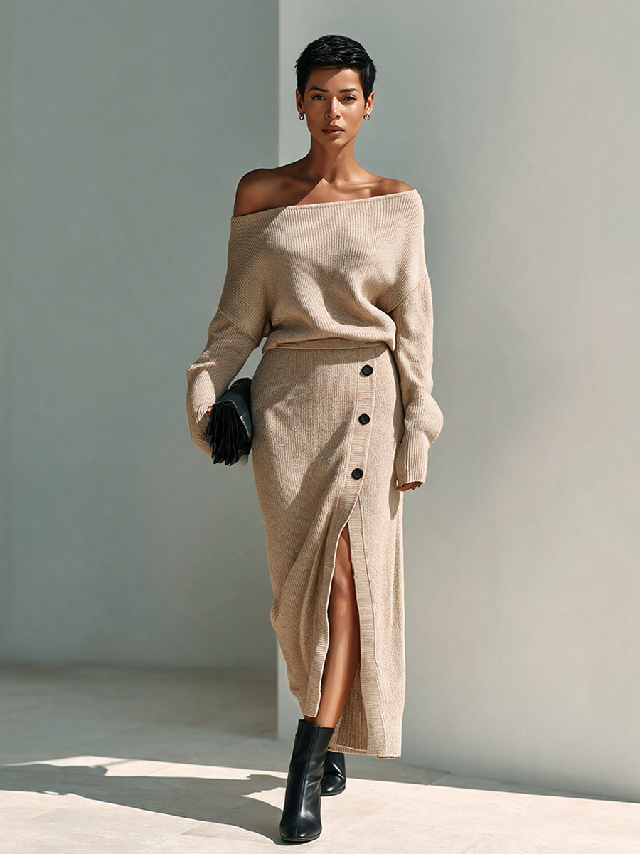 Women's Off-Shoulder Button-Detail Slit Knit Maxi Dress MDZ0790I0ZRK