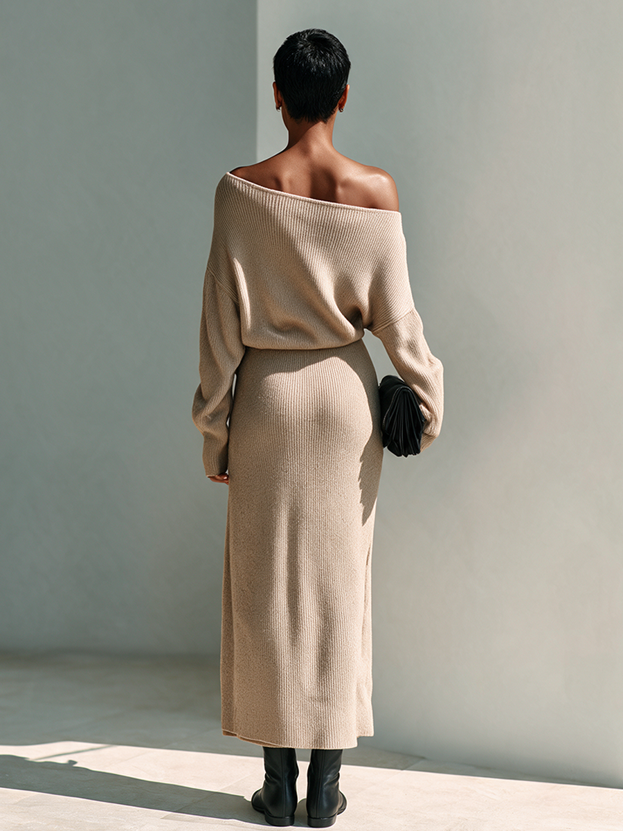 Women's Off-Shoulder Button-Detail Slit Knit Maxi Dress MDZ0790I0ZRK