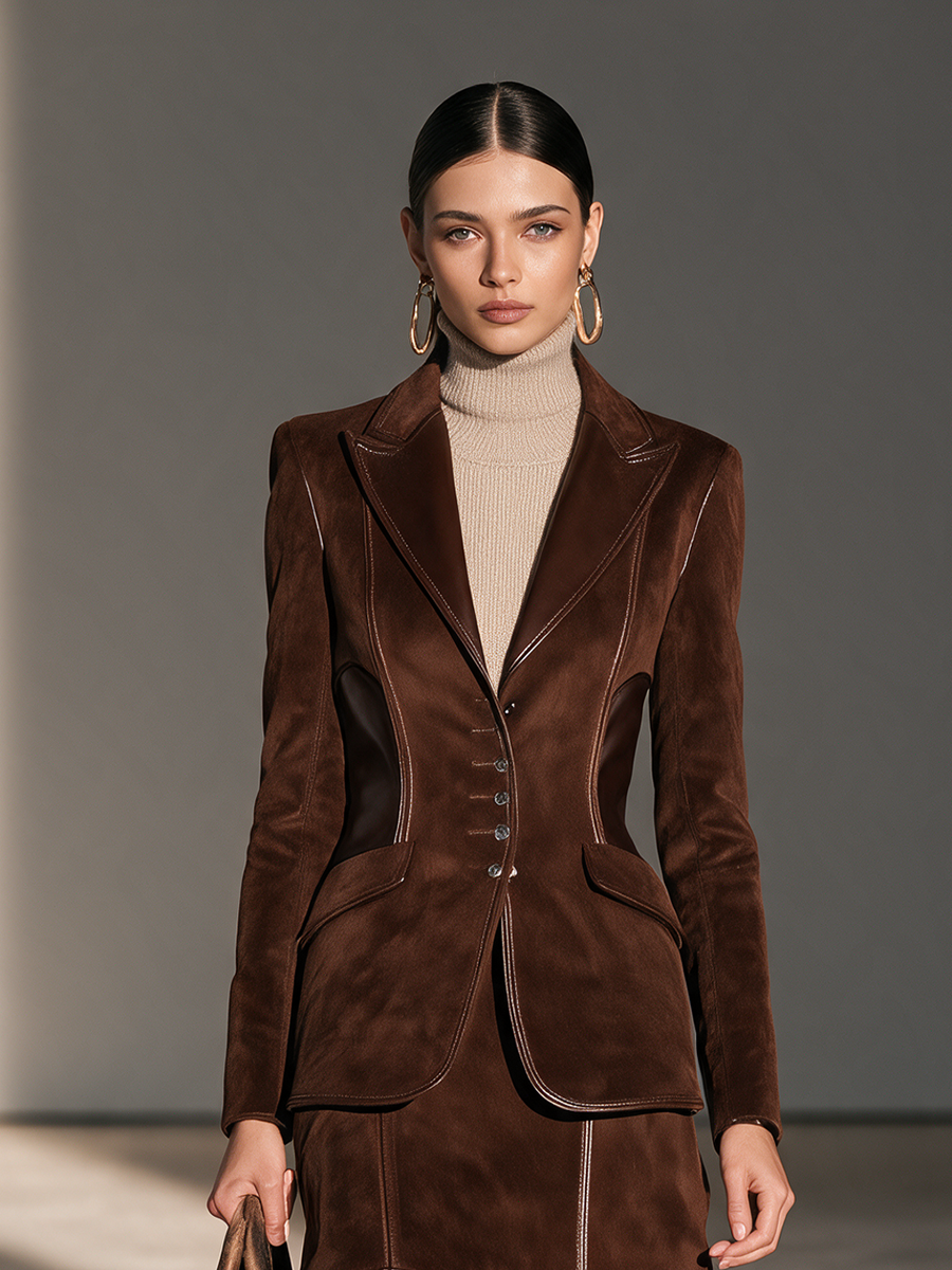 Women's Peak-Lapel Cinched-Waist Blazer & Leather-Trim Mini Skirt Set