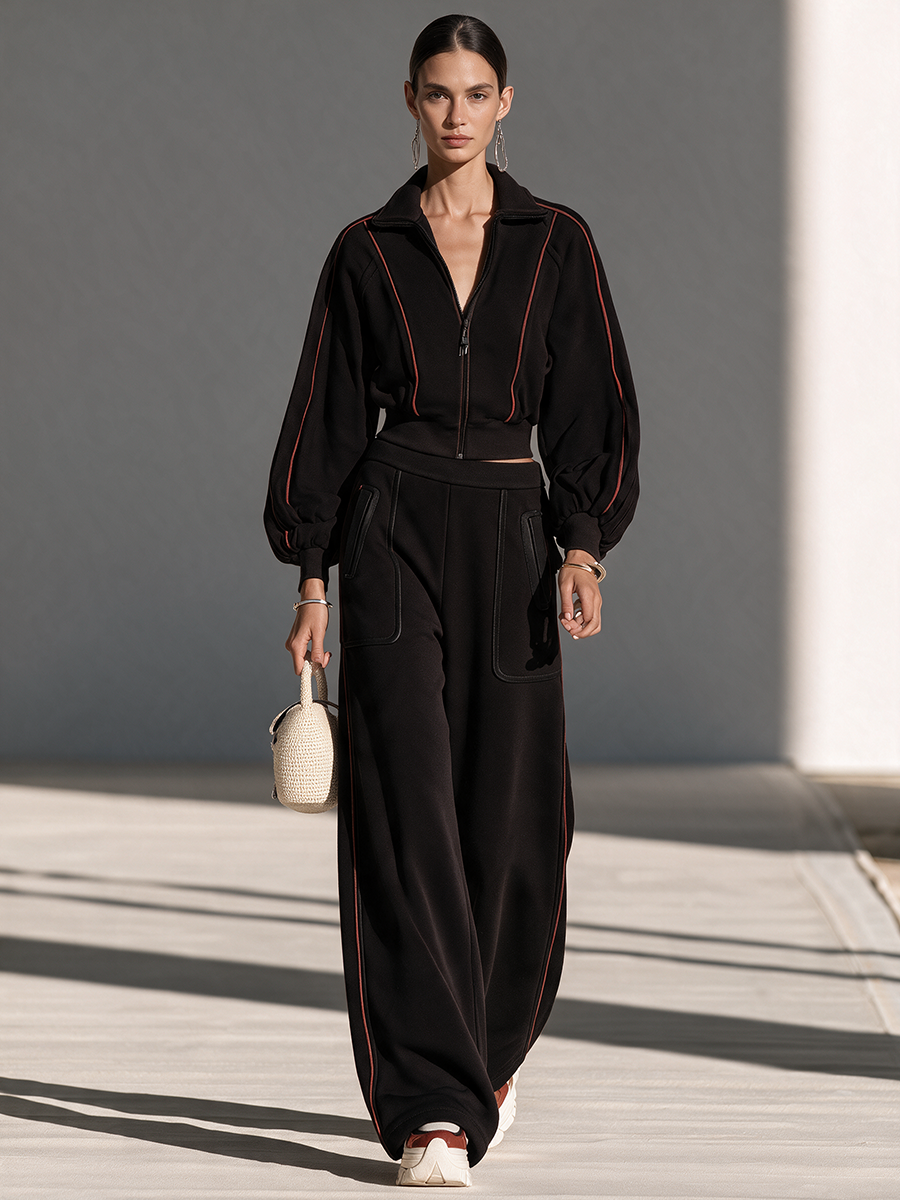 Women's Collared Zip Contrast-Trim Drop-Shoulder Balloon-Sleeve Cropped Jacket And Wide-Leg Pants Set