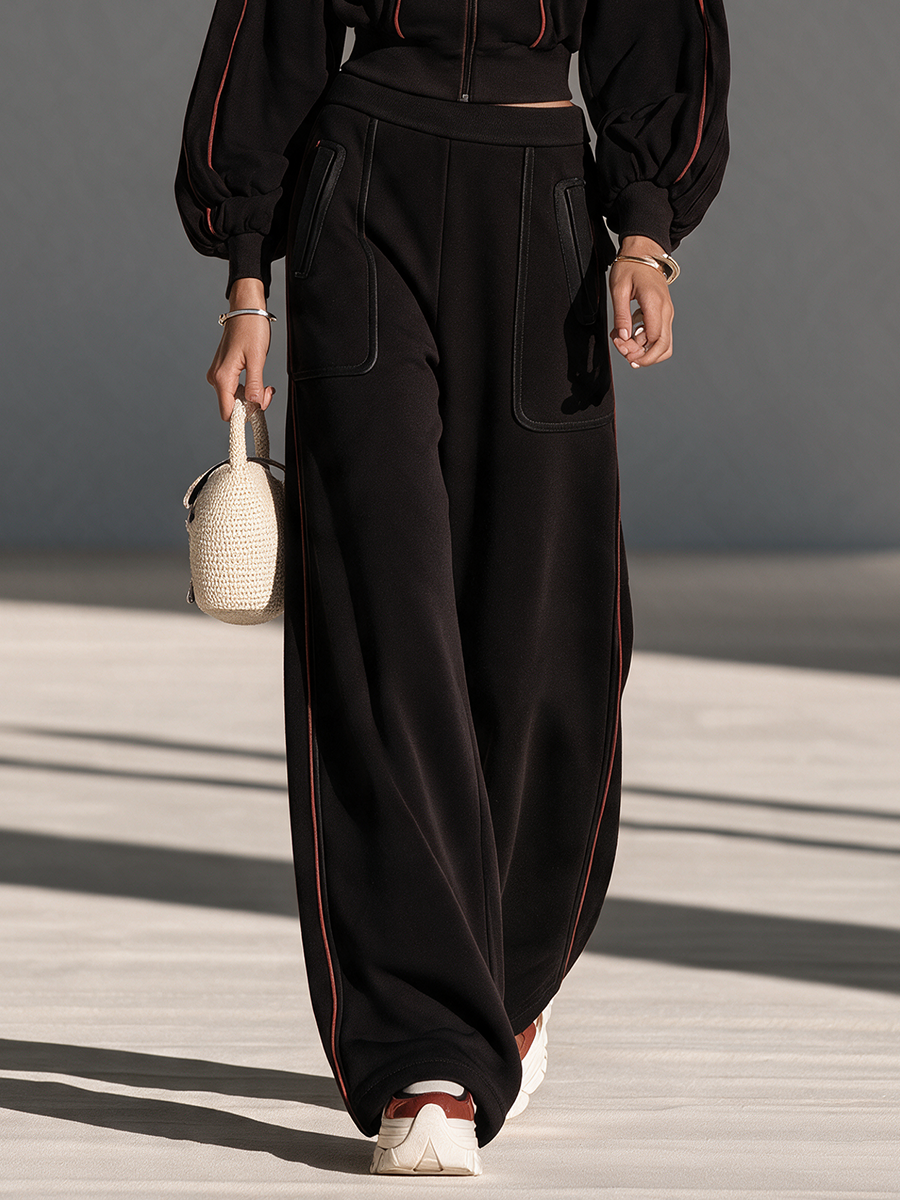Women's Collared Zip Contrast-Trim Drop-Shoulder Balloon-Sleeve Cropped Jacket And Wide-Leg Pants Set