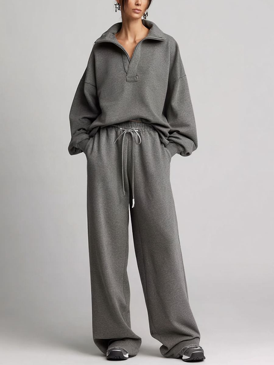 Women's Half‑Zip Collar Oversized Sweatshirt & Wide‑Leg Sweatpants Set MDZ0743I9R