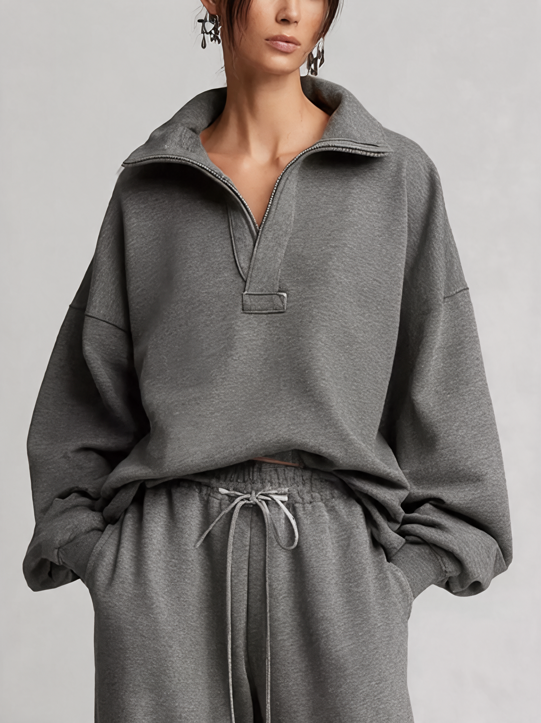 Women's Half‑Zip Collar Oversized Sweatshirt & Wide‑Leg Sweatpants Set MDZ0743I9R