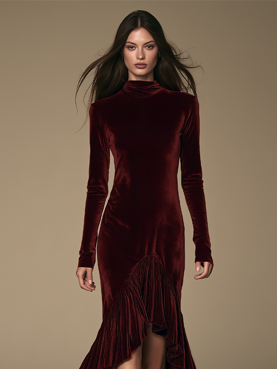 Women Form‑Fitting Velvet Ruffle Hem Maxi Dress For Formal Occasion MDZ0798I3LYL