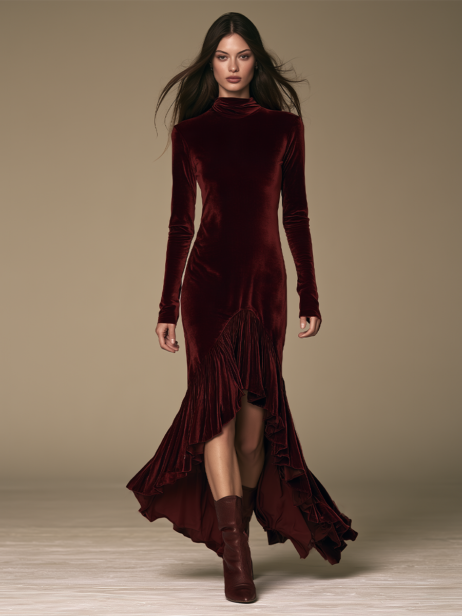 Women Form‑Fitting Velvet Ruffle Hem Maxi Dress For Formal Occasion MDZ0798I3LYL