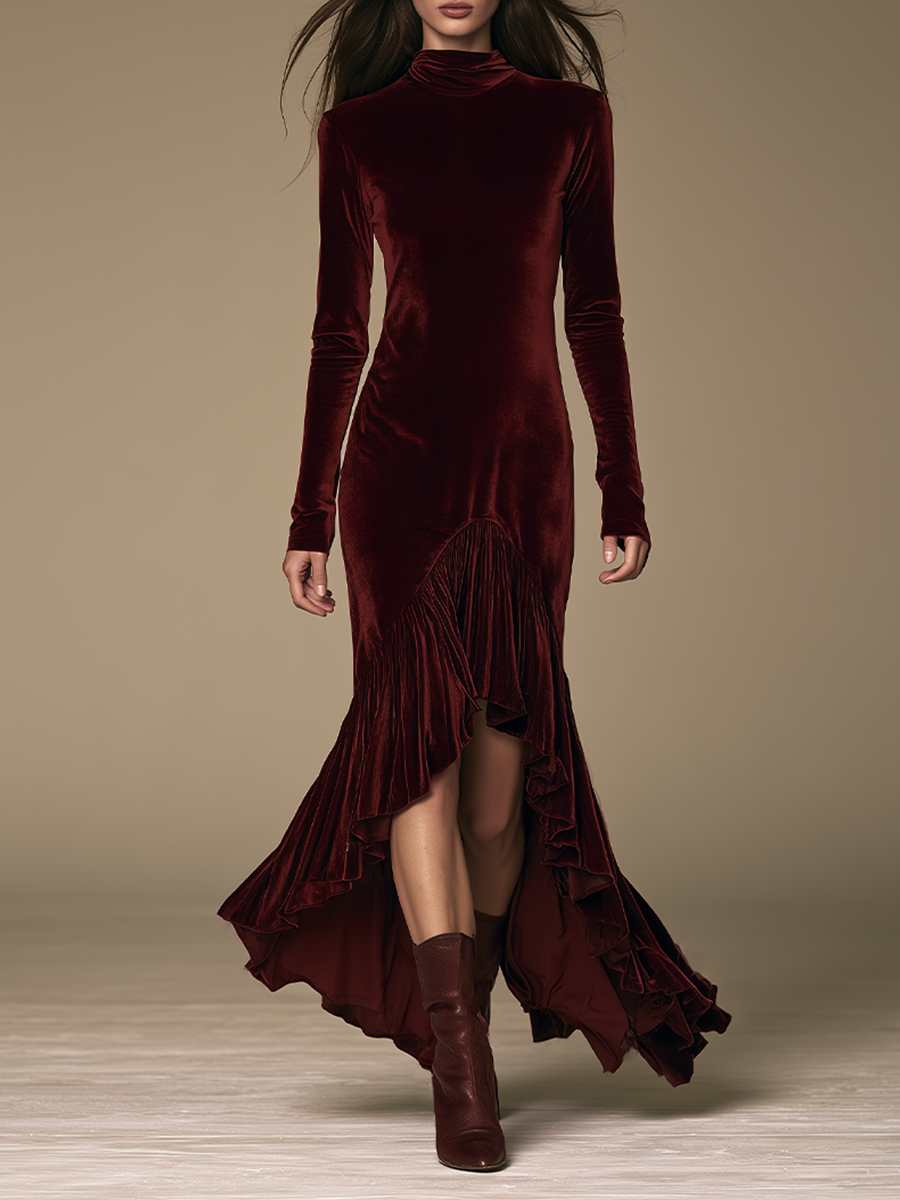 Women Form‑Fitting Velvet Ruffle Hem Maxi Dress For Formal Occasion MDZ0798I3LYL