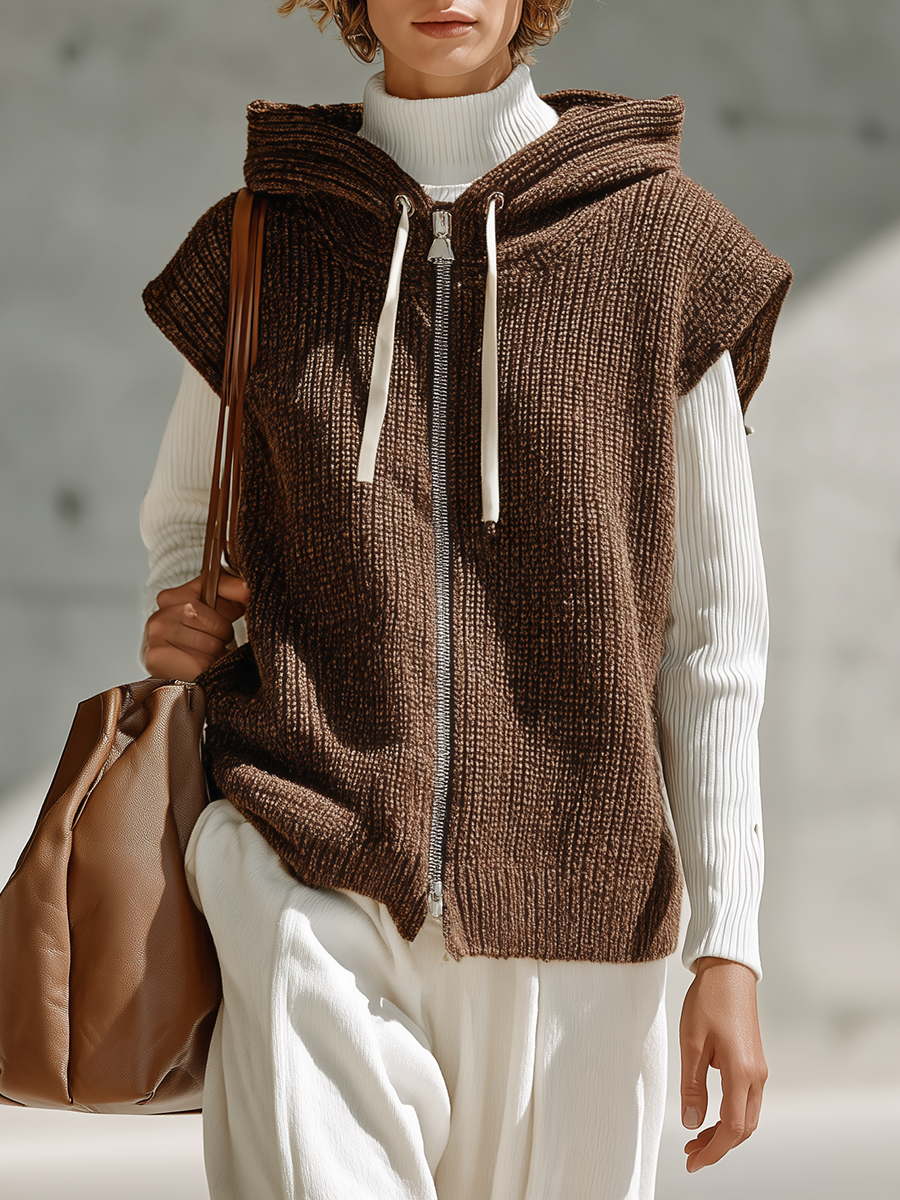Women's Drawstring Hooded Knit Brown Vest MDZ0782I4YZJ