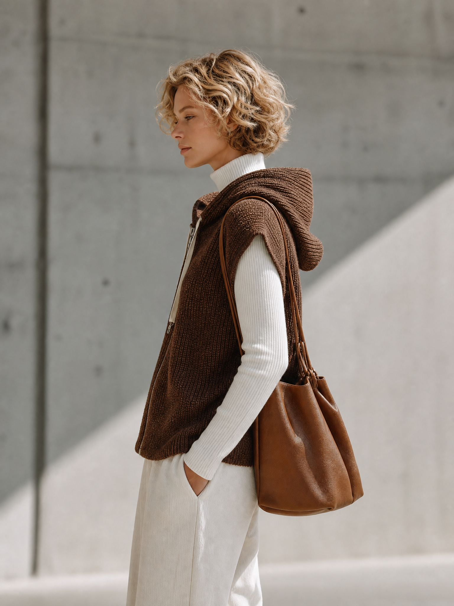 Women's Drawstring Hooded Knit Brown Vest MDZ0782I4YZJ