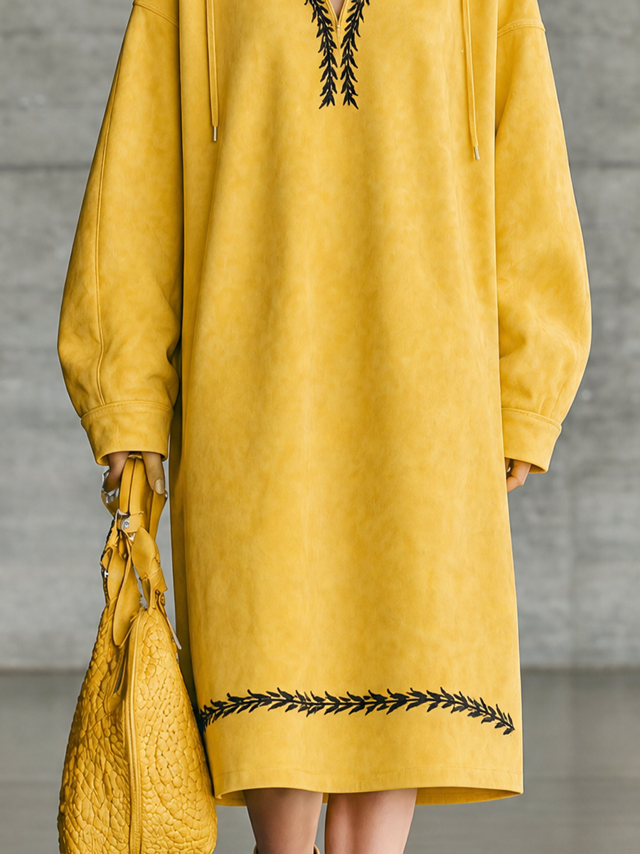 Women's Hooded Embroidered Yellow Sweatshirt Dress MDZ0721I7YZJ