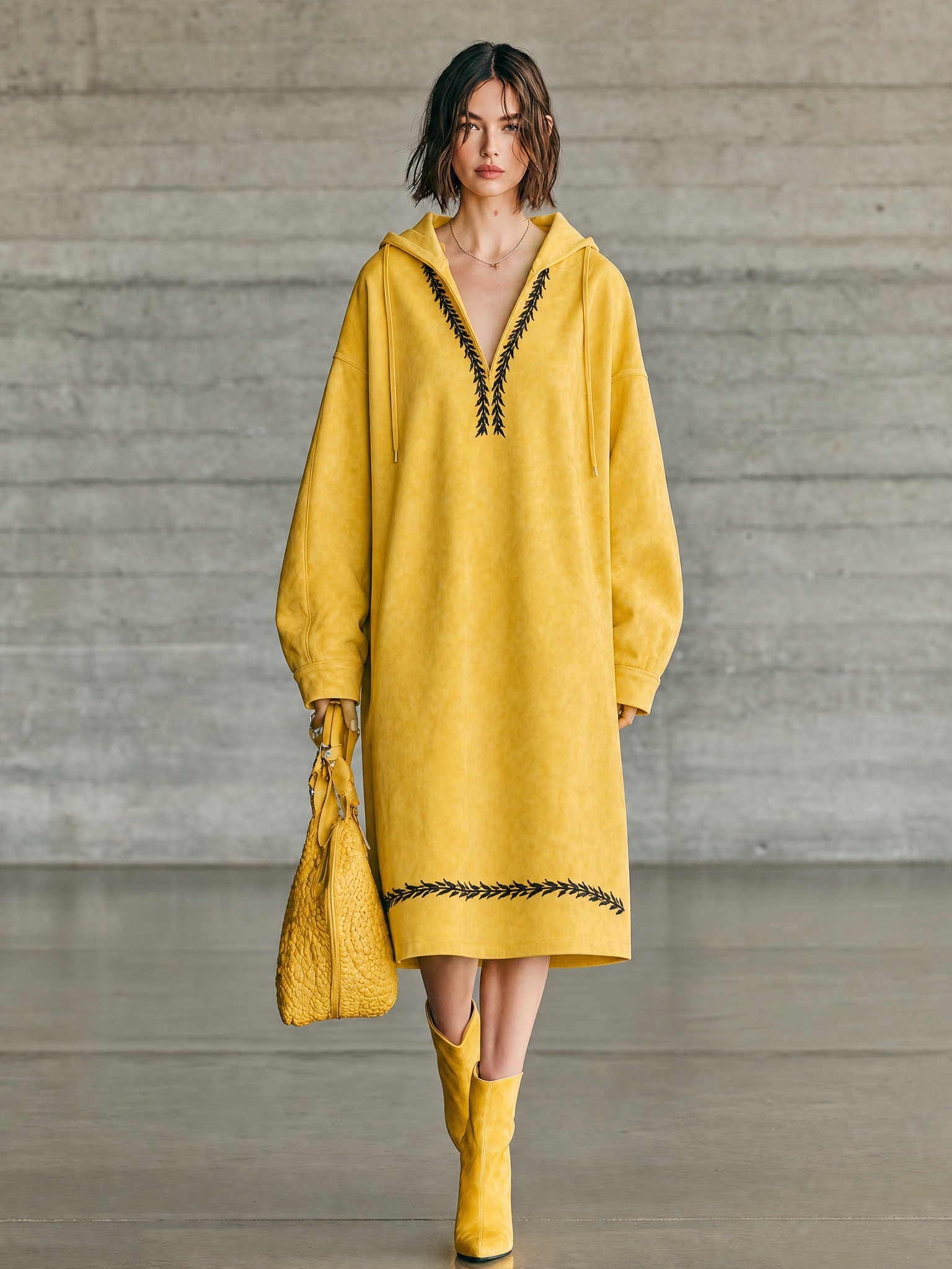 Women's Hooded Embroidered Yellow Sweatshirt Dress MDZ0721I7YZJ