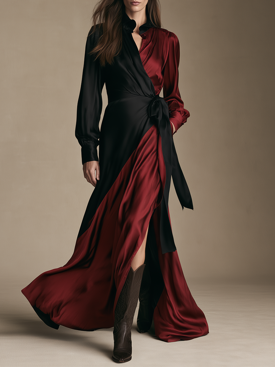 Women's Color‑Block Satin Wrap Maxi Dress MDZ0716I5LYL