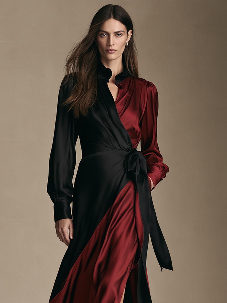 Women's Color‑Block Satin Wrap Maxi Dress MDZ0716I5LYL