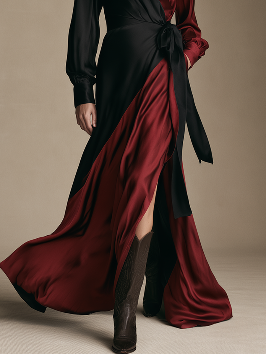 Women's Color‑Block Satin Wrap Maxi Dress MDZ0716I5LYL