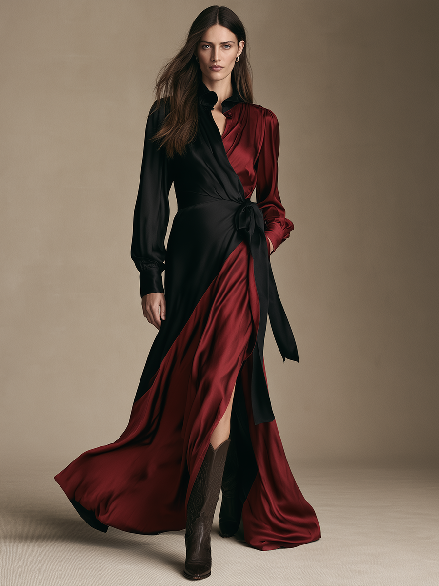 Women's Color‑Block Satin Wrap Maxi Dress MDZ0716I5LYL