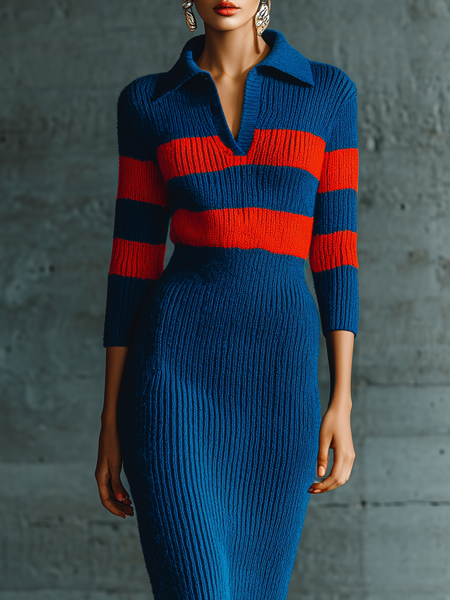 Women's Striped Collared Blue Midi Sweater Dress MDZ0710I5YZJ