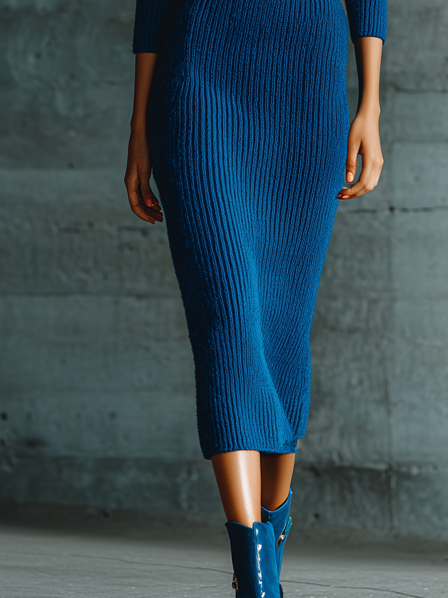 Women's Striped Collared Blue Midi Sweater Dress MDZ0710I5YZJ