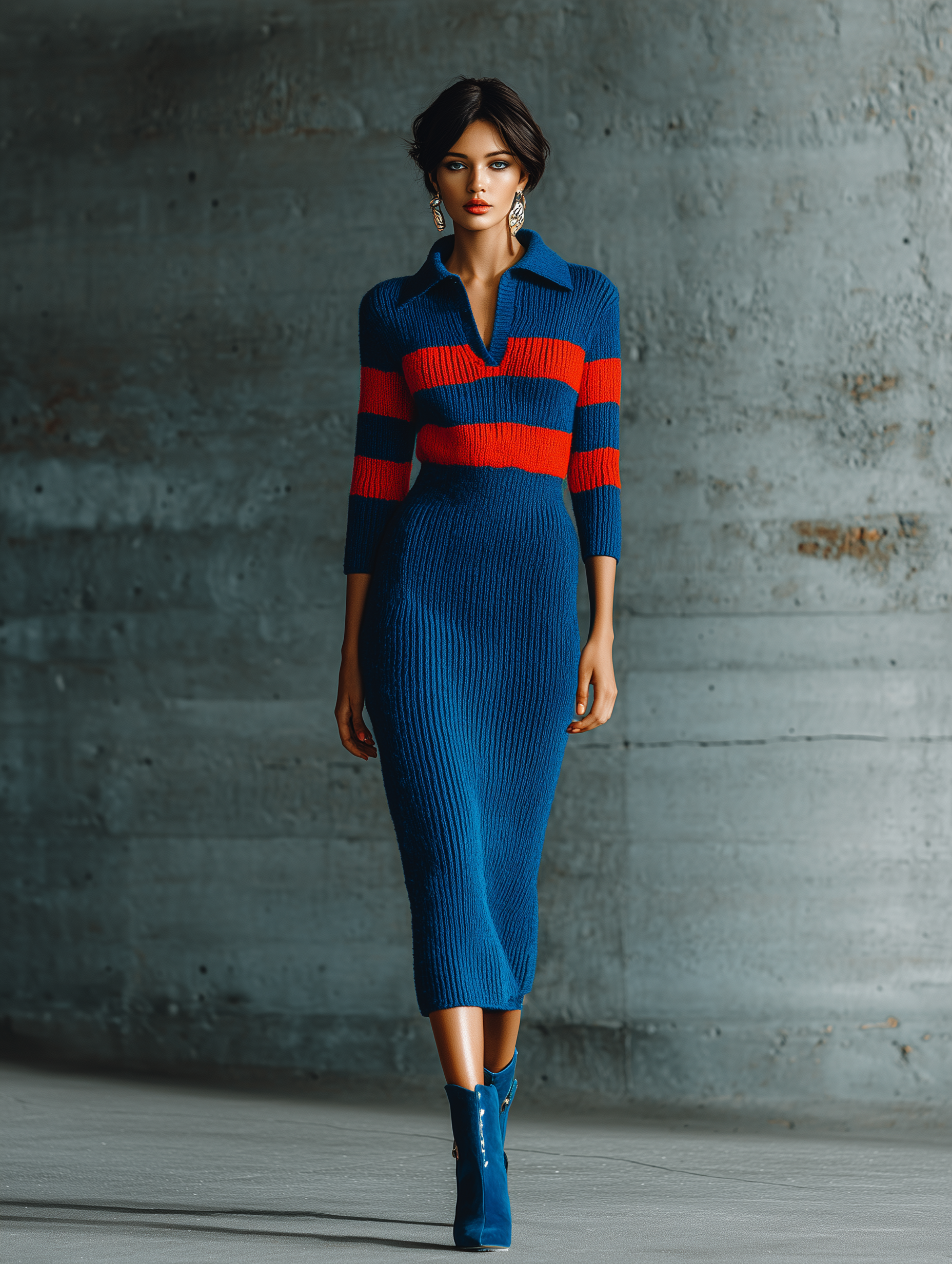 Women's Striped Collared Blue Midi Sweater Dress MDZ0710I5YZJ