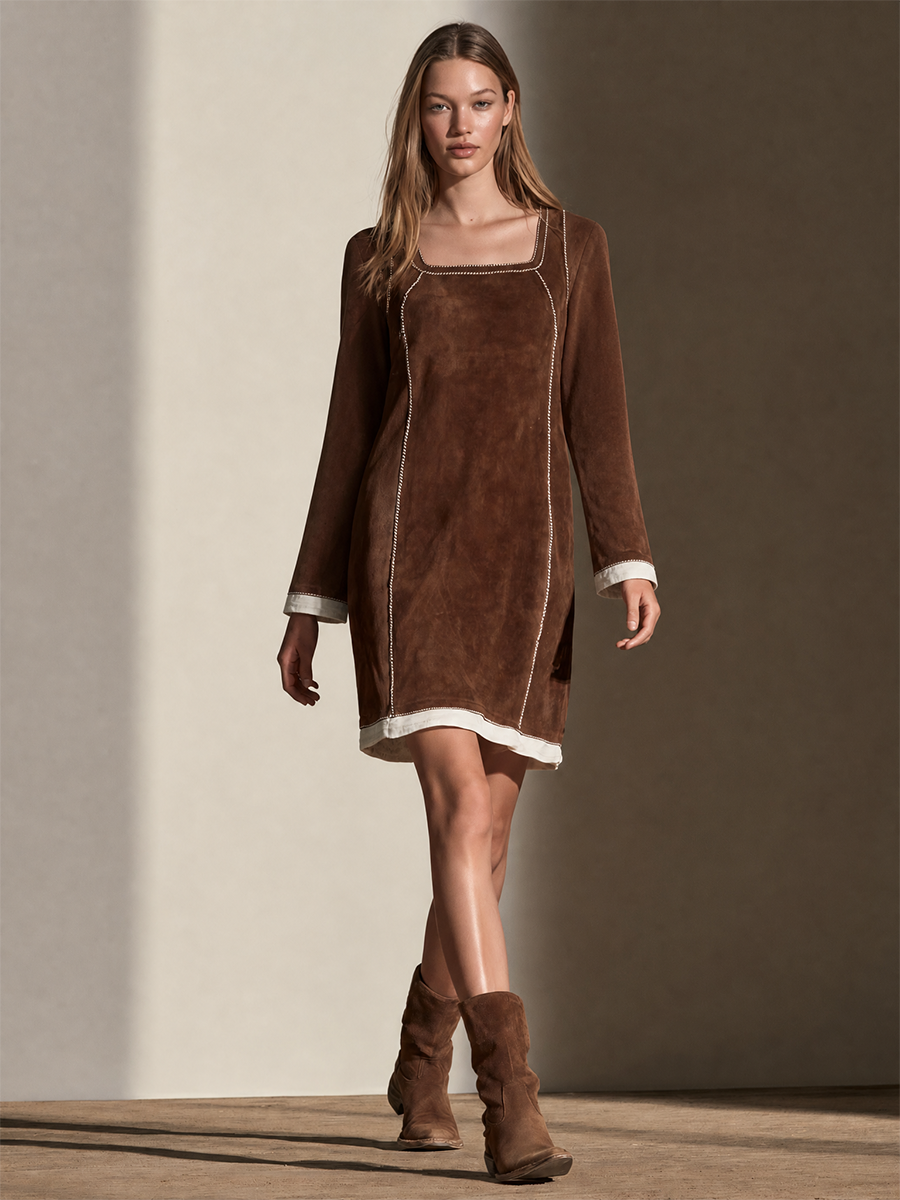 Women's Contrast‑Stitch Faux Suede Square Neck Mini Dress MDZ0705I4LYL