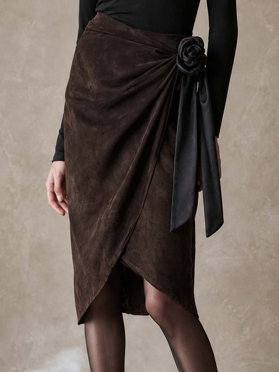 Women's Ruched Rose Detail Brown Black Skirt Set MDZ0740I7YZJ