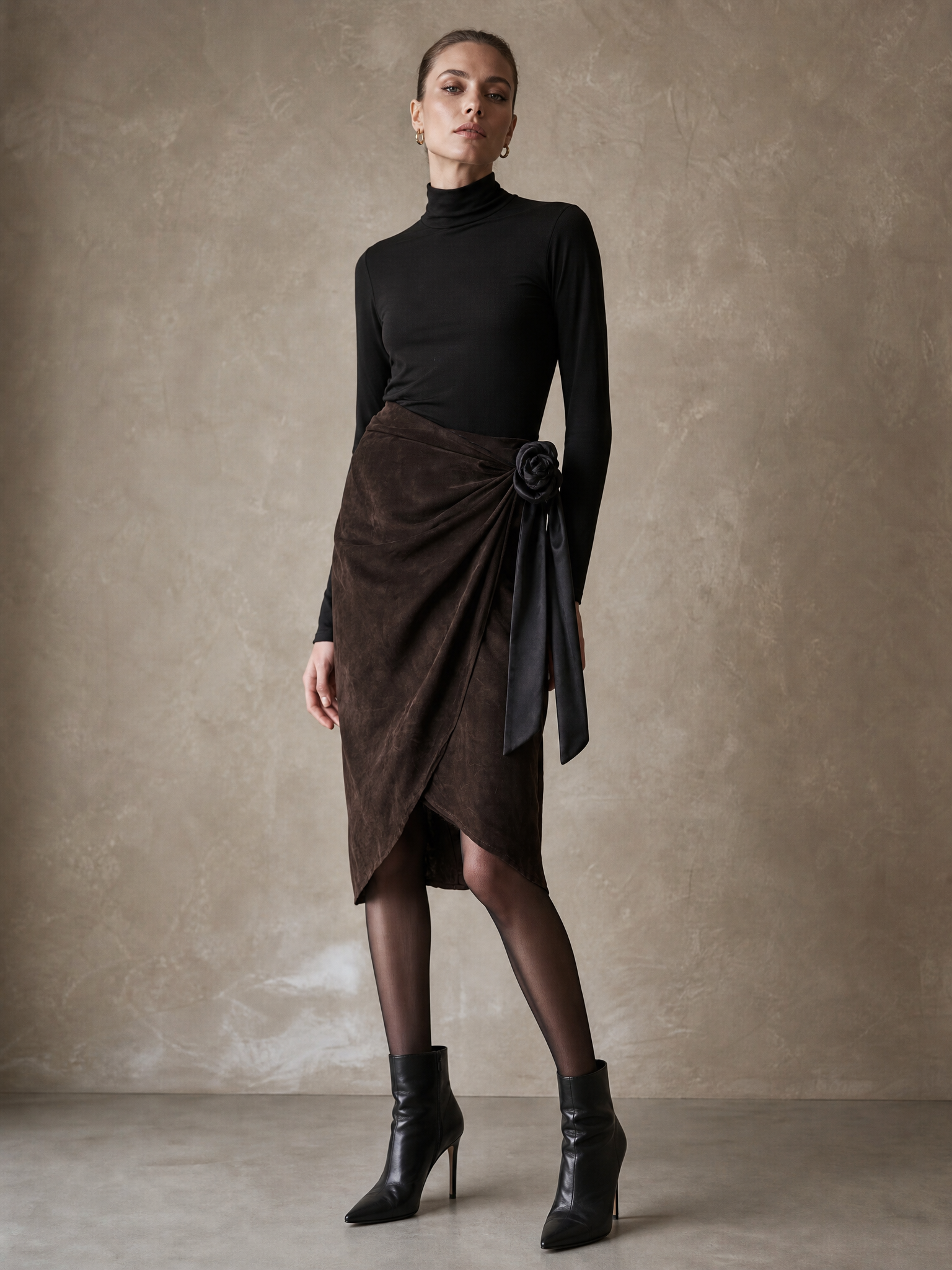 Women's Ruched Rose Detail Brown Black Skirt Set MDZ0740I7YZJ