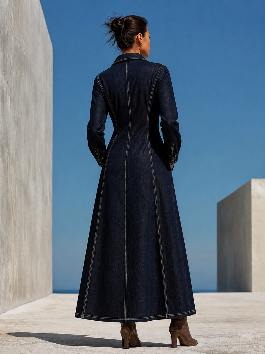Women’s Contrast‑Stitch Split Long Sleeve Dress MDZ0760I0LYL
