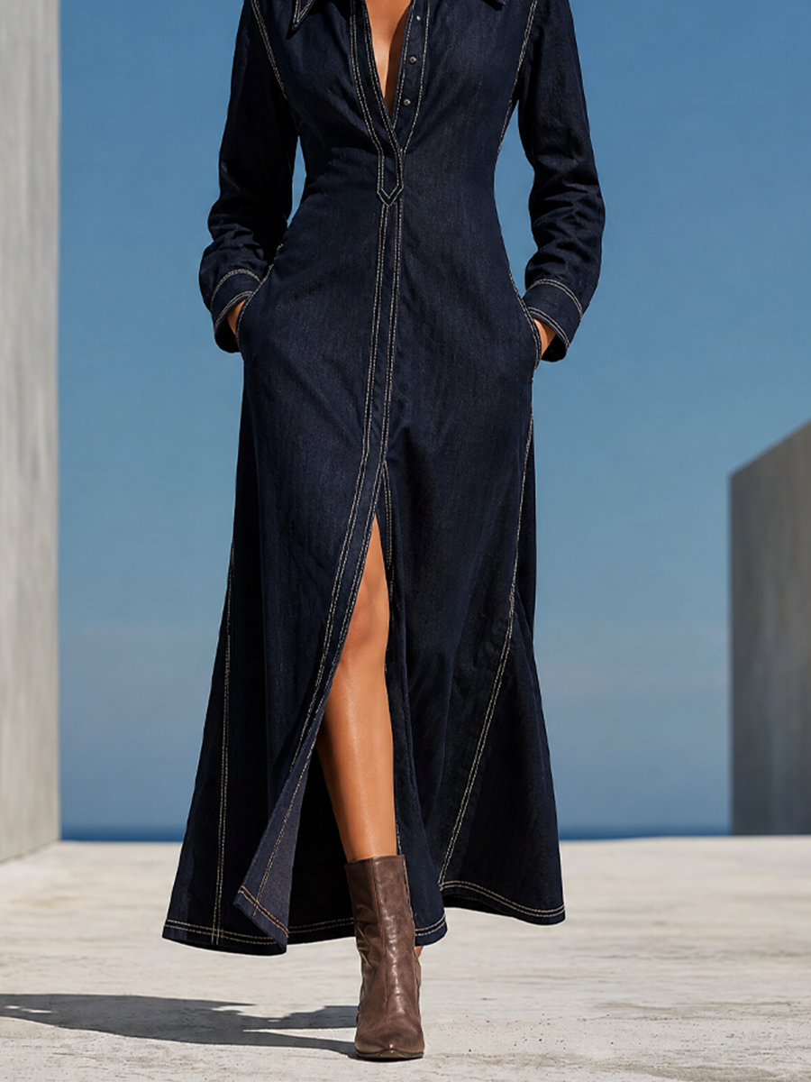 Women’s Contrast‑Stitch Split Long Sleeve Dress MDZ0760I0LYL