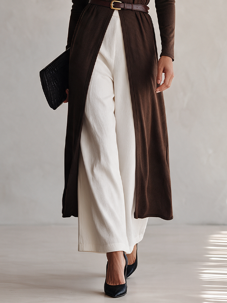Women's Ribbed Knit Long Top & Cotton-Blend Wide-Leg Pants Set (Belt Not Included) MDZ0730I4ZRK