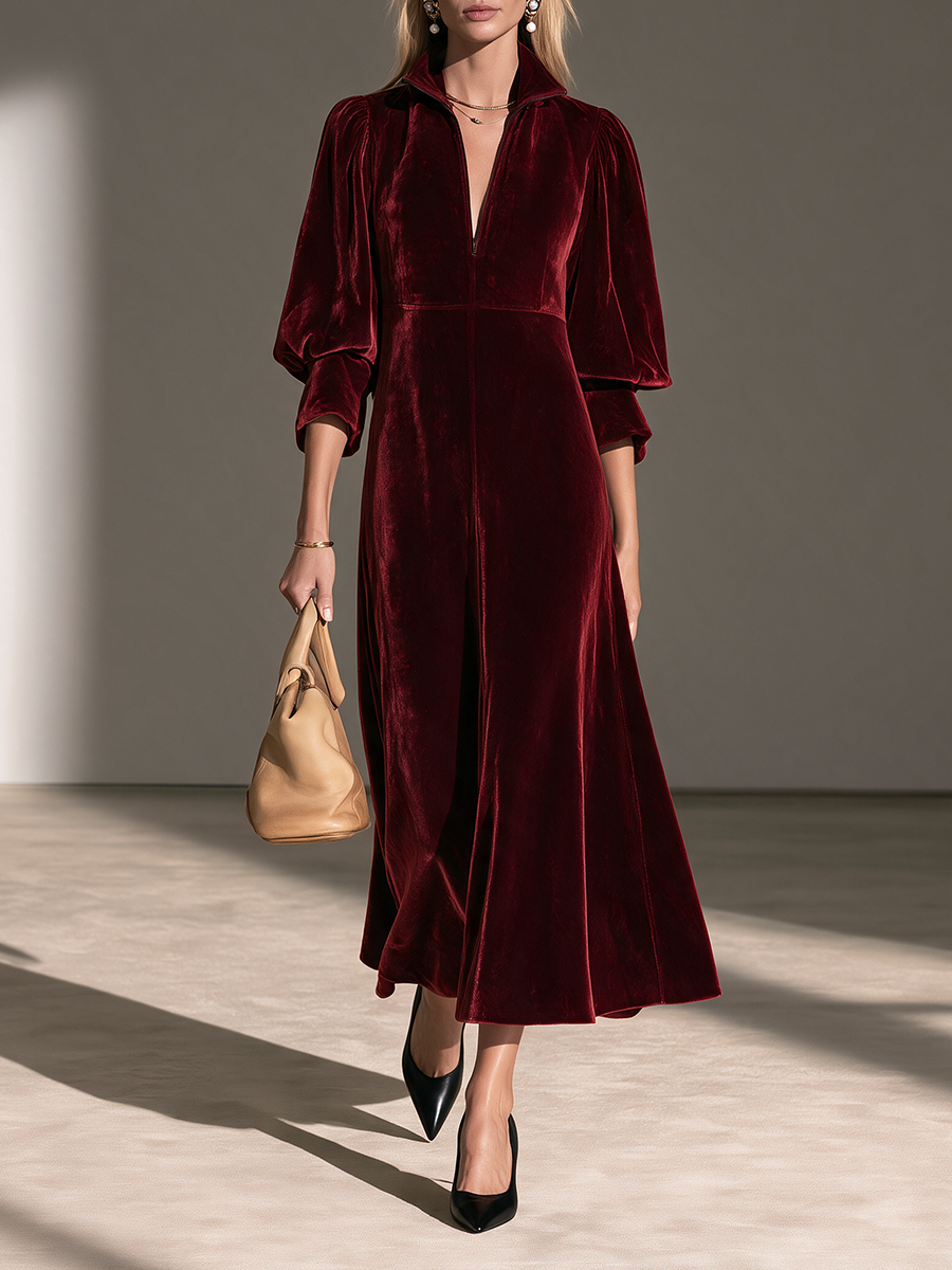 Women's Collared Half-Zip Balloon-Sleeve Belted Velvet Maxi Dress MDZ0168I7CMX