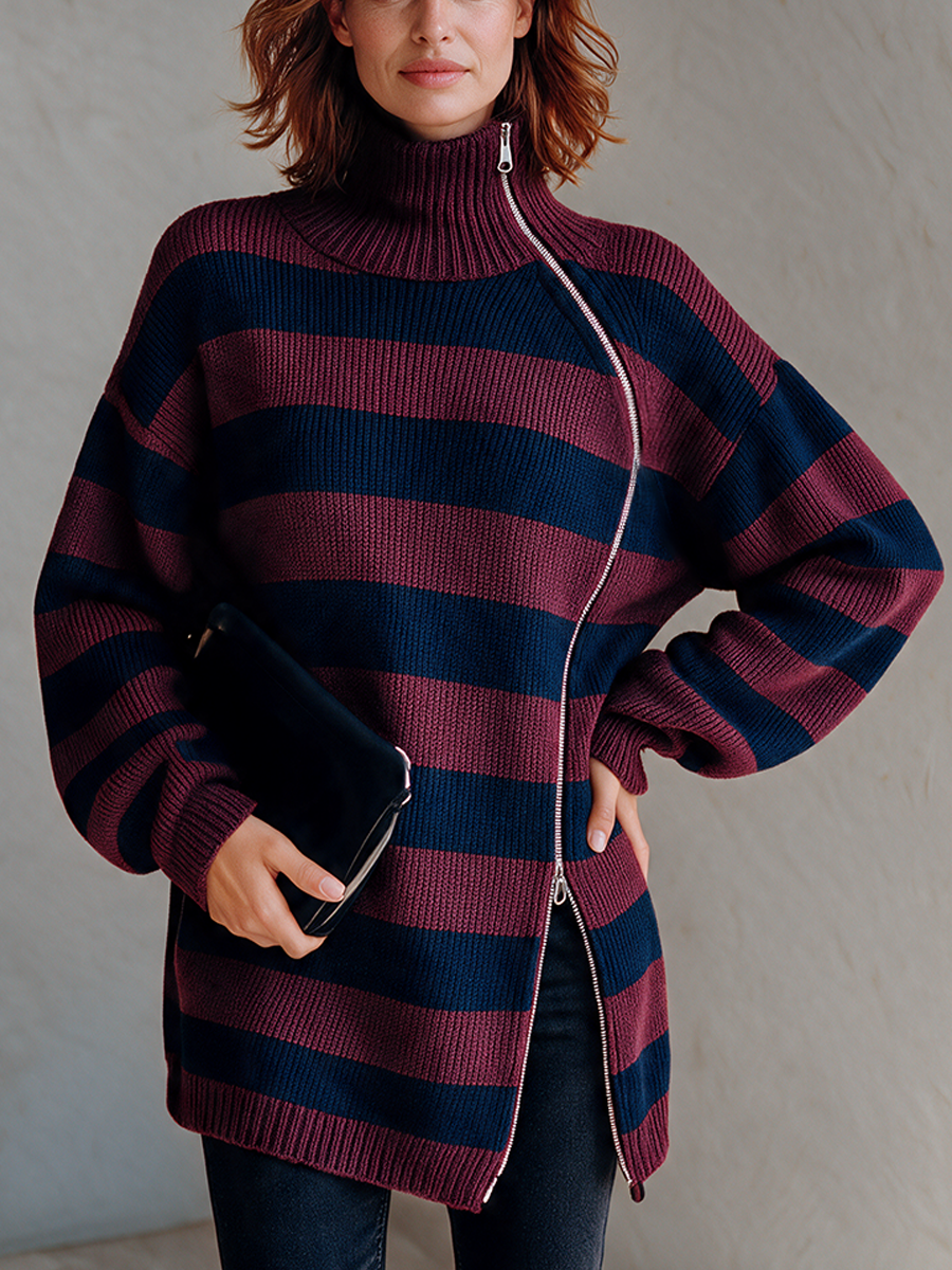 Women's Striped Knit Top With Asymmetric Zipper MDZ0728I0ZRK