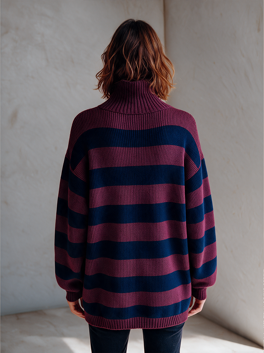 Women's Striped Knit Top With Asymmetric Zipper MDZ0728I0ZRK