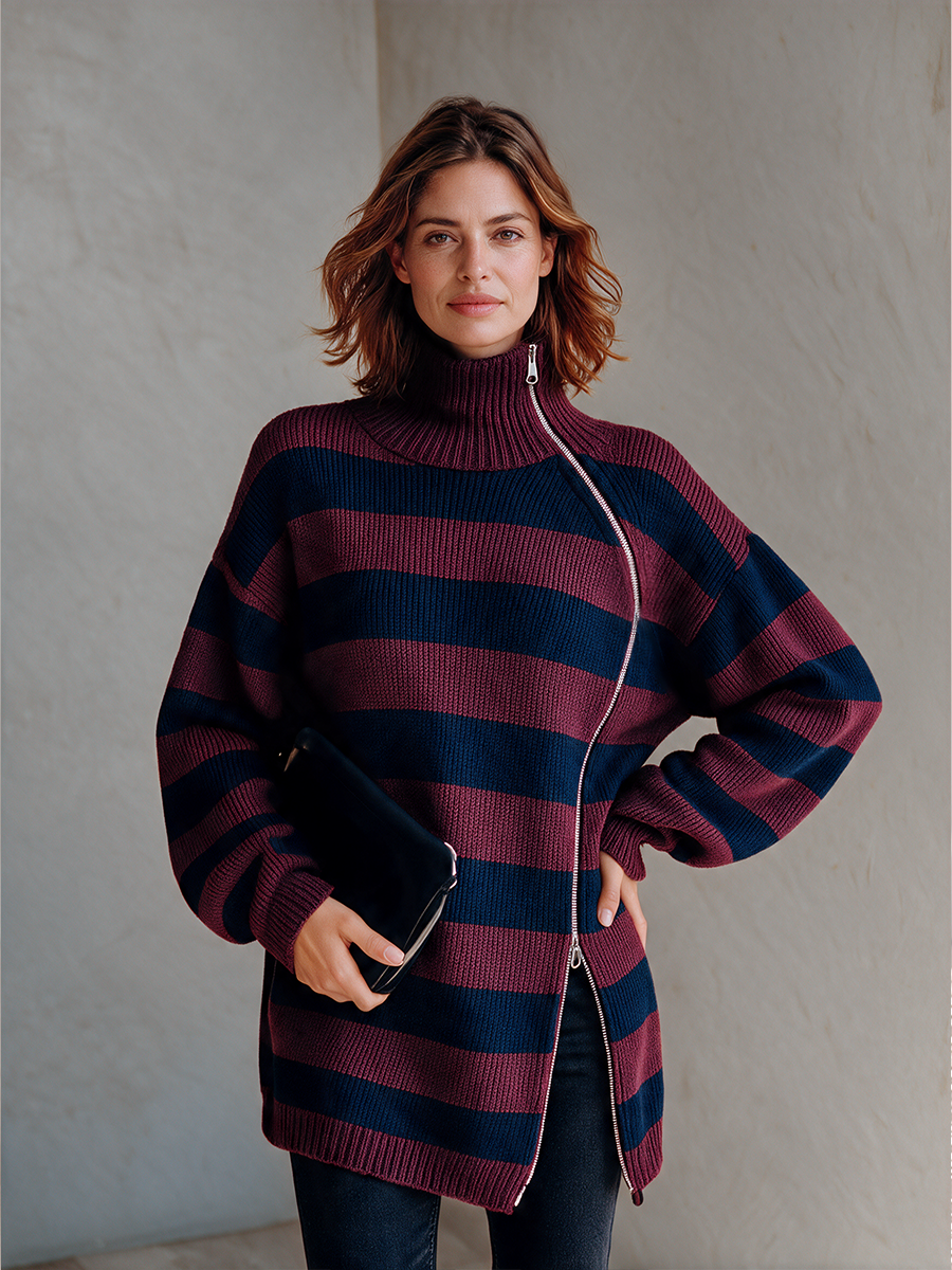 Women's Striped Knit Top With Asymmetric Zipper MDZ0728I0ZRK