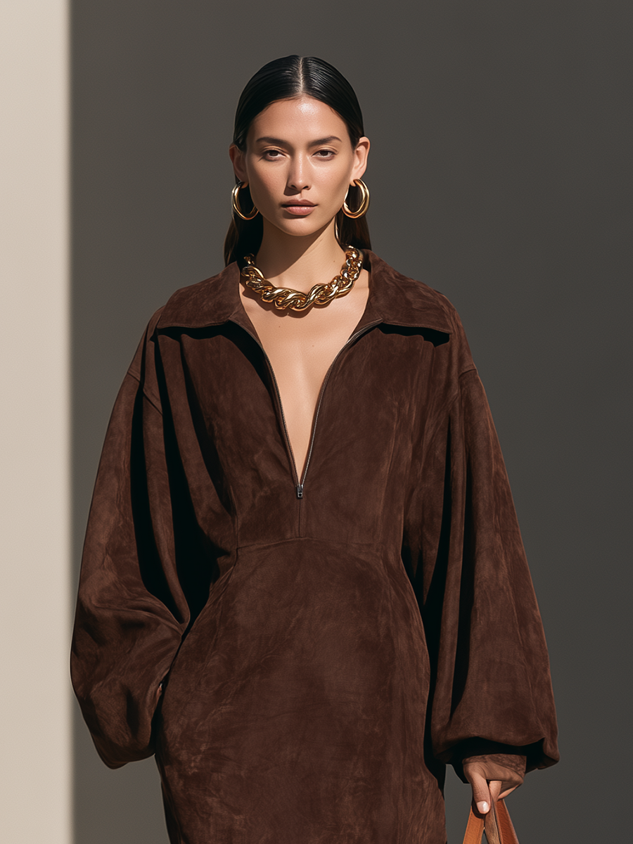Women's Collared Half-Zip Drop-Shoulder Balloon-Sleeve Slit Faux-Suede Maxi Dress MDZ0150I8CMX