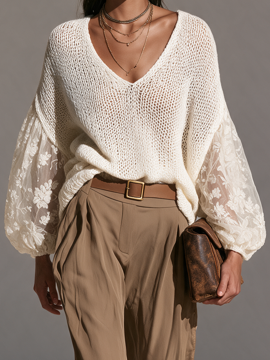 Women's V-Neck Open-Knit Lace-Panel Balloon-Sleeve Relaxed Wool-Knit Top MDZ0433I9CMX
