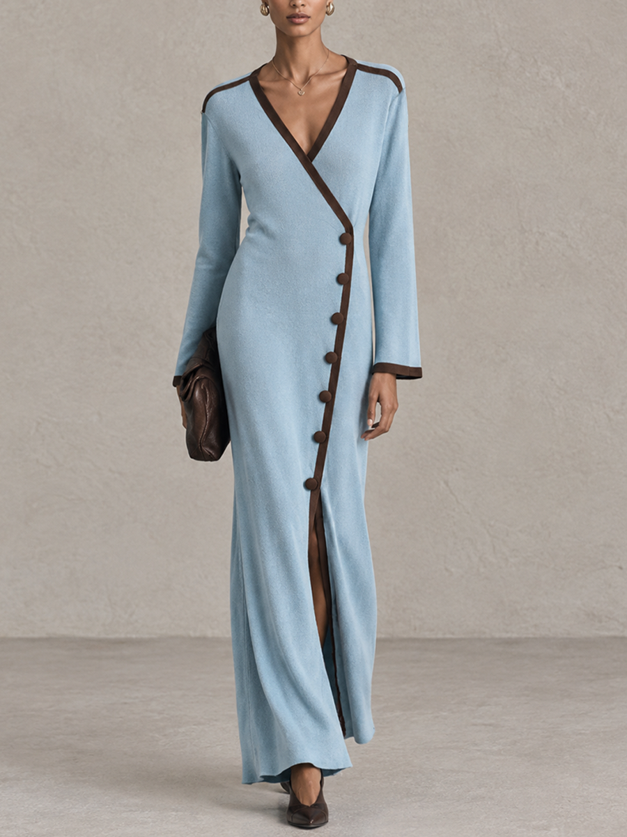Women's Contrast Trim Elegant Wrap V-Neck Maxi Dress MDZ0770I8GMJ