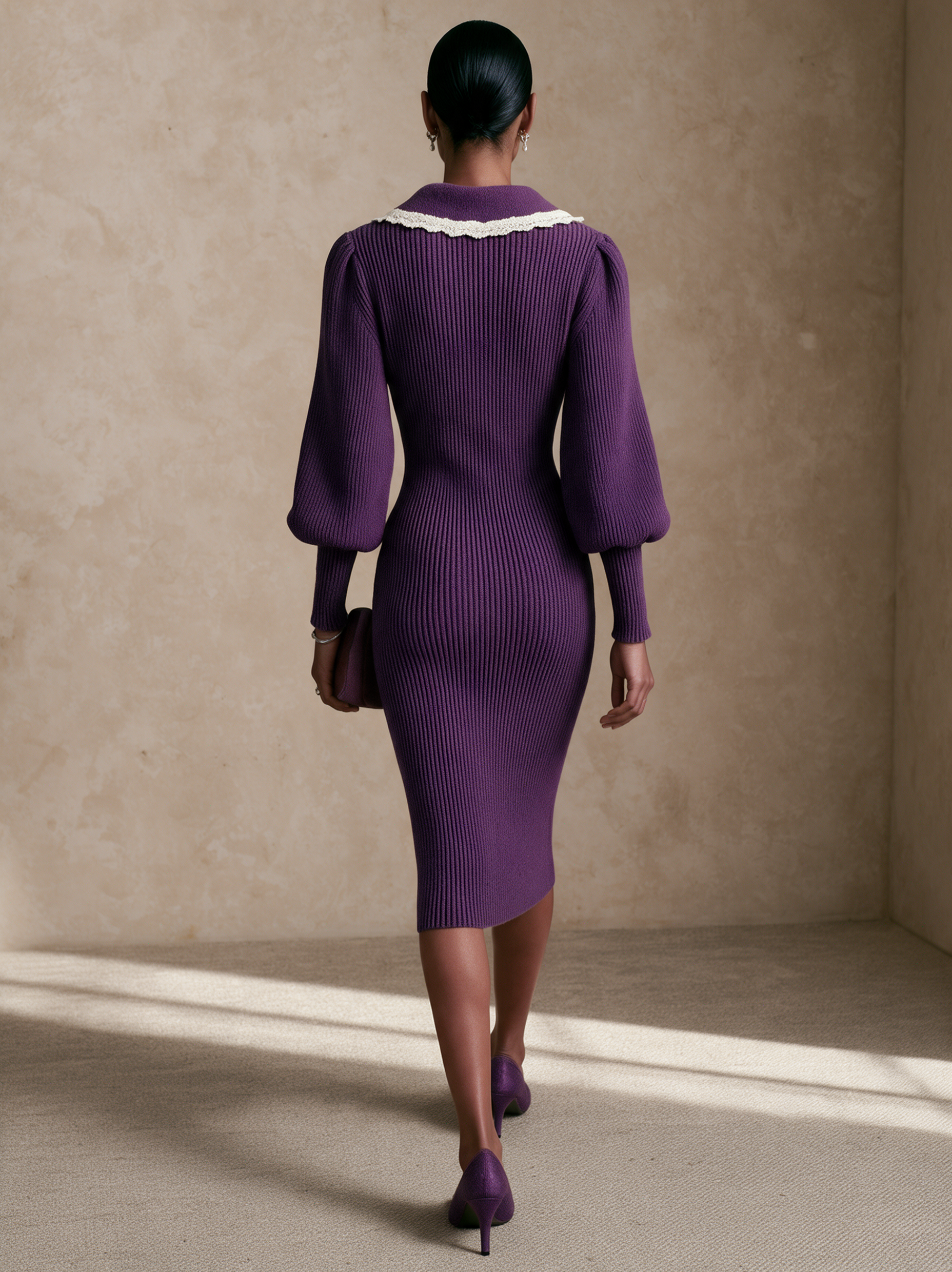 Women's Color-Blocked Collar Elegant Sweater Lantern Sleeve Midi Dress MDZ0785I2GMJ