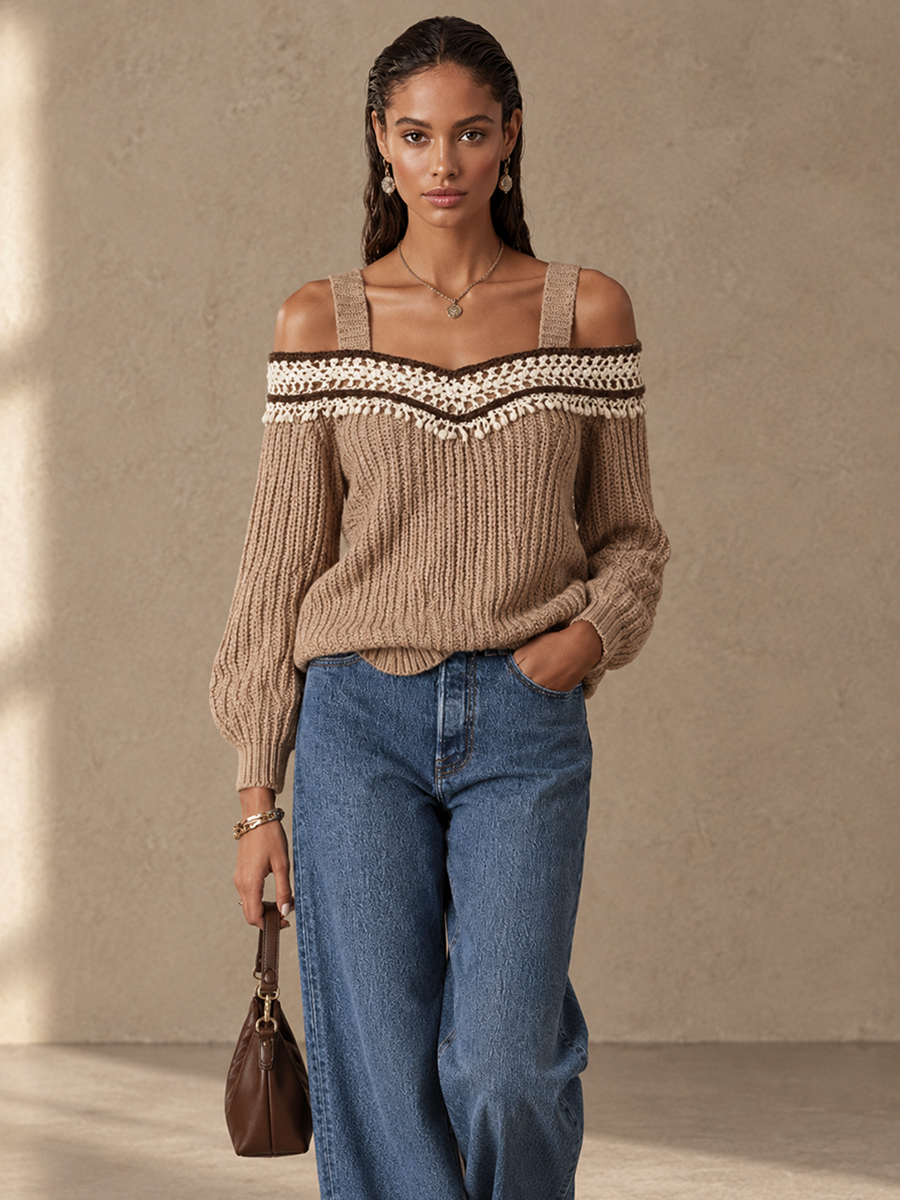 Women's Crochet Trim Bohemian Off-Shoulder Sweater MDZ0762I5GMJ