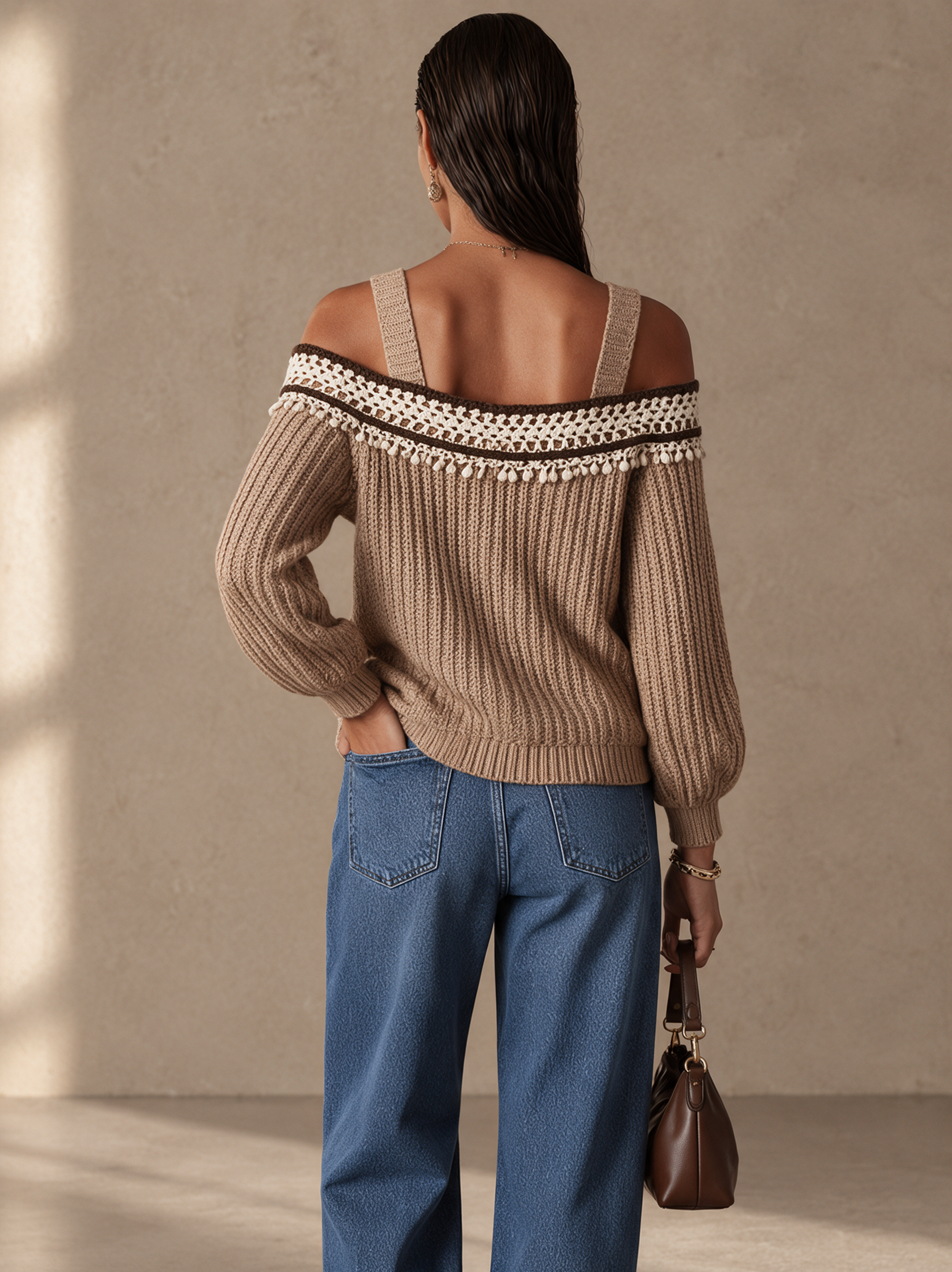 Women's Crochet Trim Bohemian Off-Shoulder Sweater MDZ0762I5GMJ