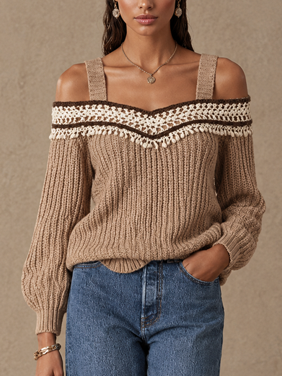 Women's Crochet Trim Bohemian Off-Shoulder Sweater MDZ0762I5GMJ